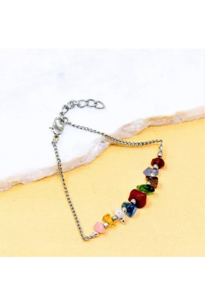 Multi Color Gemstone Chip Charm Chain Bracelet